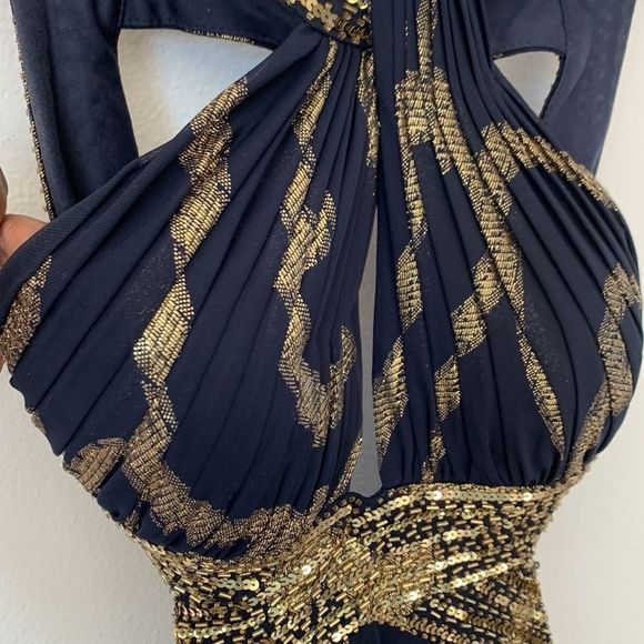 BETSEY & ADAM Open Back Cut Out Dress Blue Gold Size 2 - Picture 6 of 15